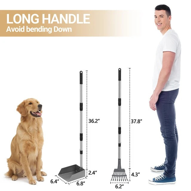 Dog Pooper Scooper, Dog Poop Tray and Rake Set, Pet Waste Removal Scoop with Long Adjustable Sectional Stainless Handles