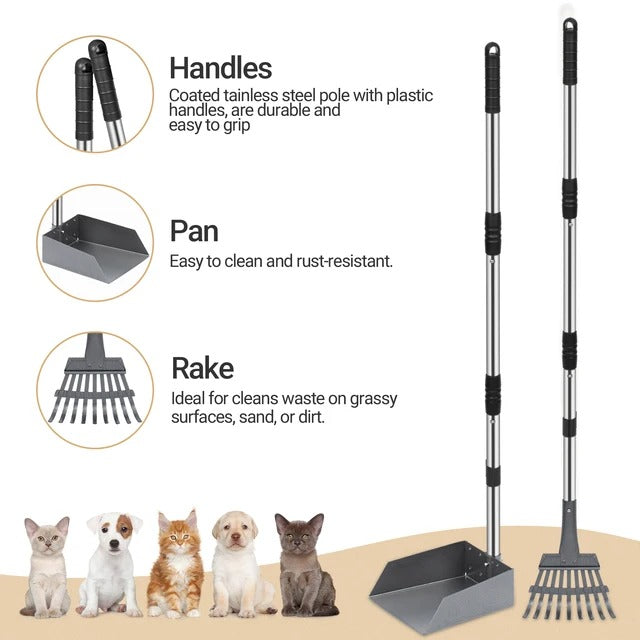 Dog Pooper Scooper, Dog Poop Tray and Rake Set, Pet Waste Removal Scoop with Long Adjustable Sectional Stainless Handles