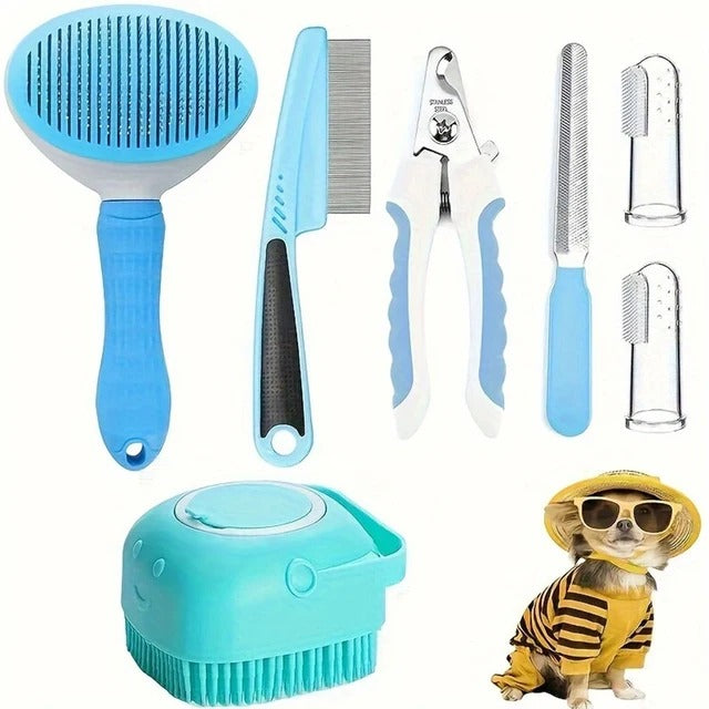 7 Pack Pet Grooming Set, Hair Removal Comb For Dog, Flea Comb, Dog Shampoo Brush, Pet Nail Clippers, Dog Toothbrush Set