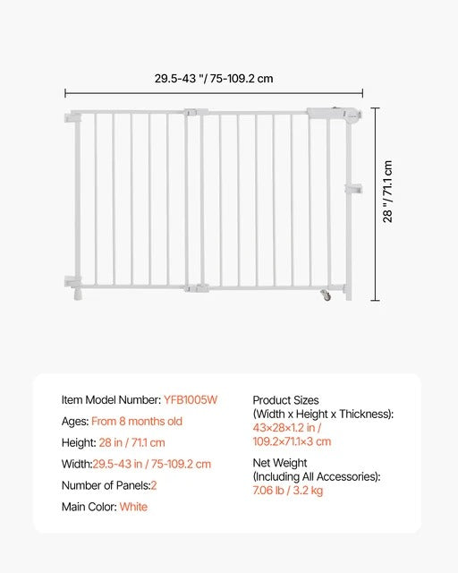 SucceBuy Baby Gate 29.5-43 Inches Adjustable Width 28 Inches High Dog Gate No Threshold Bar Easy Step Walk Child Pet Security
