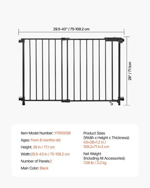 SucceBuy Baby Gate 29.5-43 Inches Adjustable Width 28 Inches High Dog Gate No Threshold Bar Easy Step Walk Child Pet Security