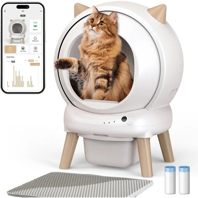 Self Cleaning Litter Box - E2 Automatic Cat Litter Box Large Smart Self Cleaning Robot for Cats, Double Safety Protection,